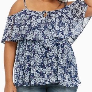 Torrid Navy Blue & White Chiffon Cold Shoulder